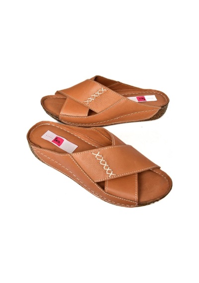 Fox Shoes P555091203 Taba Hakiki Deri Comfort Ortopedik Taban Kadın Terlik Taba