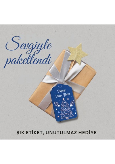 Yılbaşı Happy New Years Yazılı Hediye Etiketi, Çam Desenli Paketl