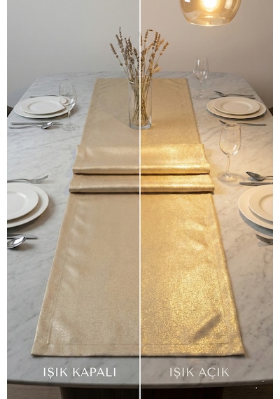 Lumen Serisi Simli Runner Gold / Silver , Premium Çeyizlik Lüks Şık Masa Örtüsü Runner 40x150 Cm Altın