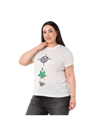 Disentis Büyük Beden Pusula Baskılı Bisiklet Yaka Beyaz T-shirt-beyaz Beyaz