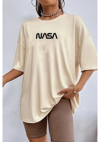 Unisex Nasa Baskılı T-shirt Bej