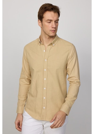 Tudors Slim Fit Uzun Kol Biyeli Yaka Düğmeli Keten Bej Erkek Gömlek-28742-bej Bej