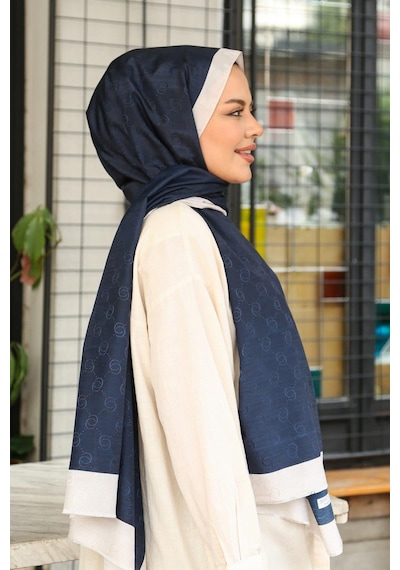 Premium Lux Original Monogram Şal İpek Vual, Yüksek Kalite, Hafif, Rahat, Şık, Tesettür, Shawl Lacivert - Krem