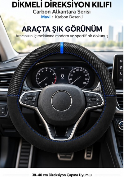 Trobus Hyundai İ20 2015-2020 Uyumlu Dikmeli Direksiyon Kılıfı Carbon Alkantara Karbon Desenli Mavi