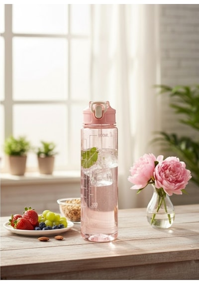 Pembe, Şeffaf Pipetli Matara 900 Ml, Sızdırmaz Kapaklı Suluk Pembe Plastik Diğer