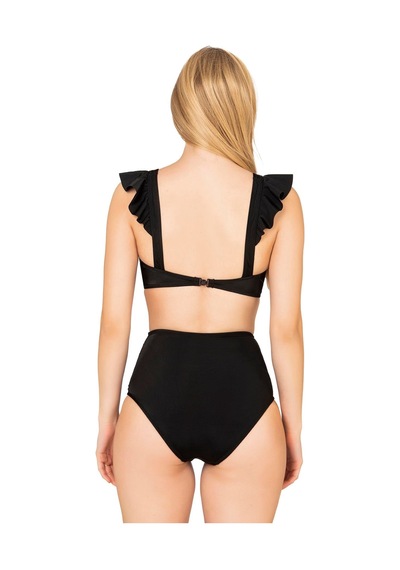 Endeep Kadın Fırfırlı İp Detaylı Yüksek Bel Bikini Takımı Siyah