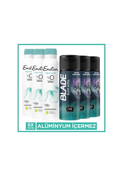 Blade Black Alpha Erkek Deodorant 3x150 Ml, Emotion Aqua Kiss Kadın Deodorant 3x150 Ml