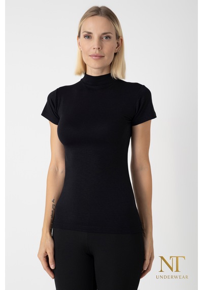 Nt Underwear Kadın Bambu Balıkçı Yaka Yarım Kol Body - T-shirt Hafif, Rahat Ve Şık Siyah