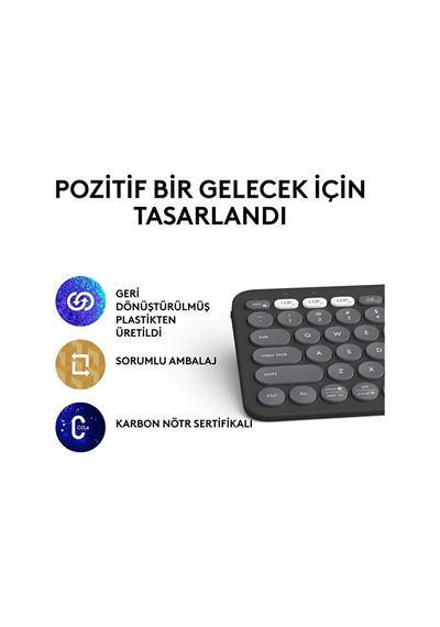 Logıtech K380s, Pebble Keys 2, Siyah, 920-011859, Bluetooth, Türkçe, Q, Multimedya, Mini Klavye 12934554