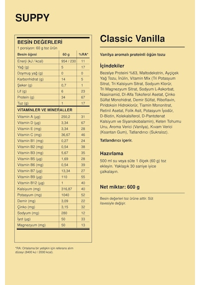 Suppy Classic Vanilla Vanilyalı Proteinli Öğün Tozu 600 G Vanilya