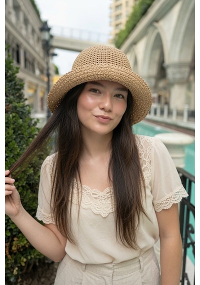 Mollycrush Kadın Camel Yazlık Örgü Bucket Şapka Güneş Koruyucu Trend Kova Model Hasır