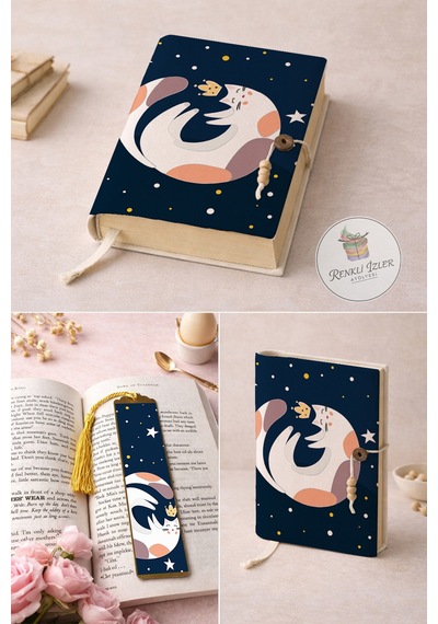 Kitap Kılıfı Ve Metal Ayraç Yıldızlı Kedi