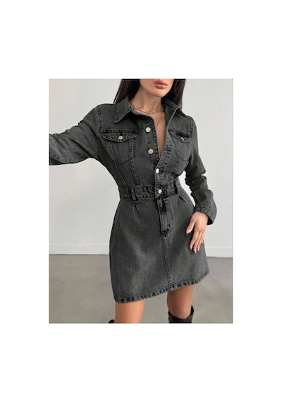 Kene Jeans Ön Pileli Düğme Kapamalı Kot Elbise Kar Siyah