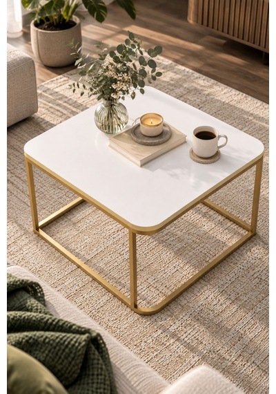 Sulorahome Beyaz Kare Orta Sehpa Gold Metal Ayaklı Beyaz - Altın