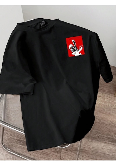 Flood Of Style Erkek Siyah Cool Tavşan Baskılı Oversize
