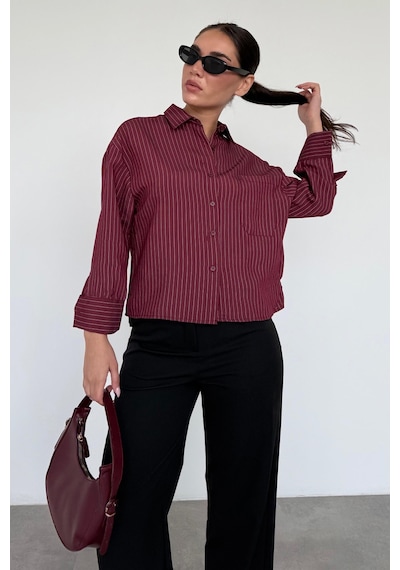 Madmext Bordo Çizgili Oversize Kadın Gömlek Mg2093 Bordo