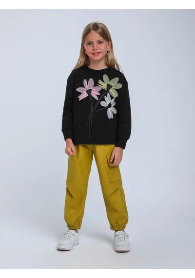 Kız Çocuk Çiçek İşlemeli Tasarım Sweatshirt-14341 Siyah