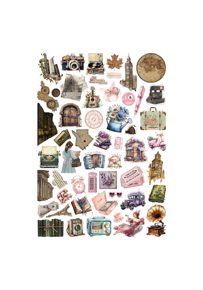 53 Adet Vintage Retro Tarihi Sticker Seti - Etiket Seti Scrapbook Bullet Journal Kahverengi
