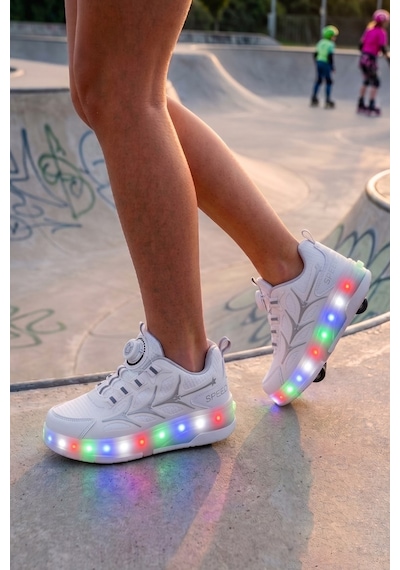 Nstil Unisex Yetişkin Çocuk Spor Ayakkabı Akıllı Bağcıklı Çıkarılabilen Patenli Işıklı Sneaker 003 Beyaz