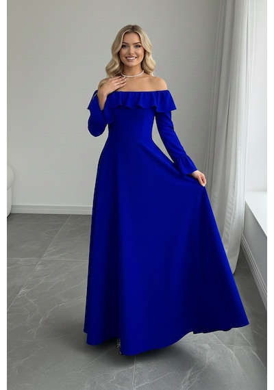 Defymoda Kadın Modern Kesim Fırfır Detaylı Elbise Mavi