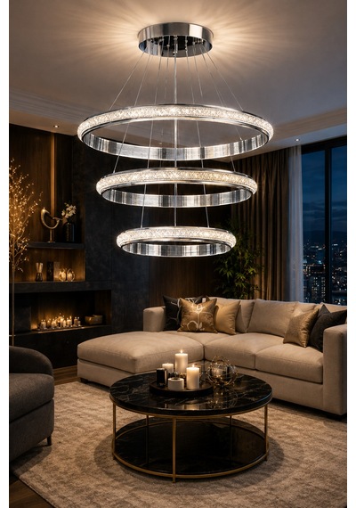 Ottoman Premium Lüks Cristalya Serisi Orjinal Krom Kaplamalı Premium Kalın Çizgili Kasalı Kumandalı Dimmerli 3 Renk Ledli Sarkıt Ledli Avize Led Avize-çap 50 Cm Krom Krom