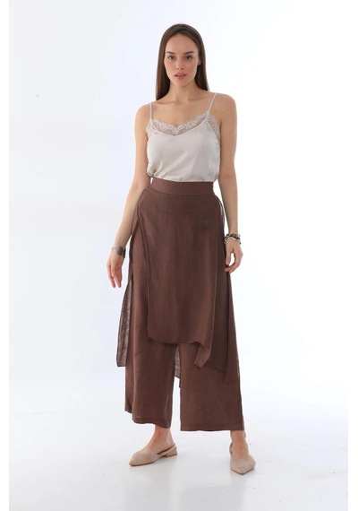 Bohem Stil İtalyan Ham Keten Pantolon Etek-8747 Kahverengi
