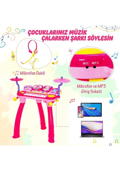 Mikrofonlu Işıklı Sesli Çocuk Oyuncak Piyano Davul Seti - Tabureli 24 Tuşlu Eğitici Müzik Aleti