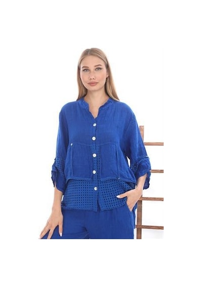 Bohem Stil İtalyan Fisto Detaylı Keten Pantolon Ceket Takım-9196 Saks Mavi