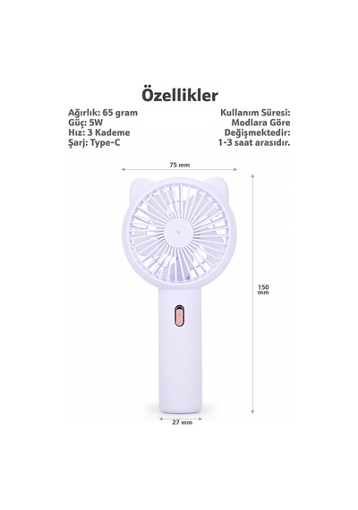 3 Modlu Şarjlı El Fanı 3 Kademe Seyahat Masaüstü Vantilatör Taşınabilir Mini Fan Mor F136