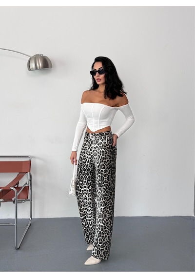 Kadın Kahve-beyaz Leopar Desenli Wide-leg Yüksek Bel Kot Pantolon Denim Kumaş Kahverengi Kadın Kahve-beyaz Leopar Desenli Wide-leg Yüksek Bel Kot Pantolon Denim Kumaş Kahverengi
