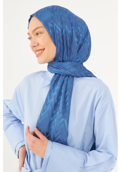 Mirsoy Scarf Zikzak Desen Parlak Jakar Şal - Mavi Mavi