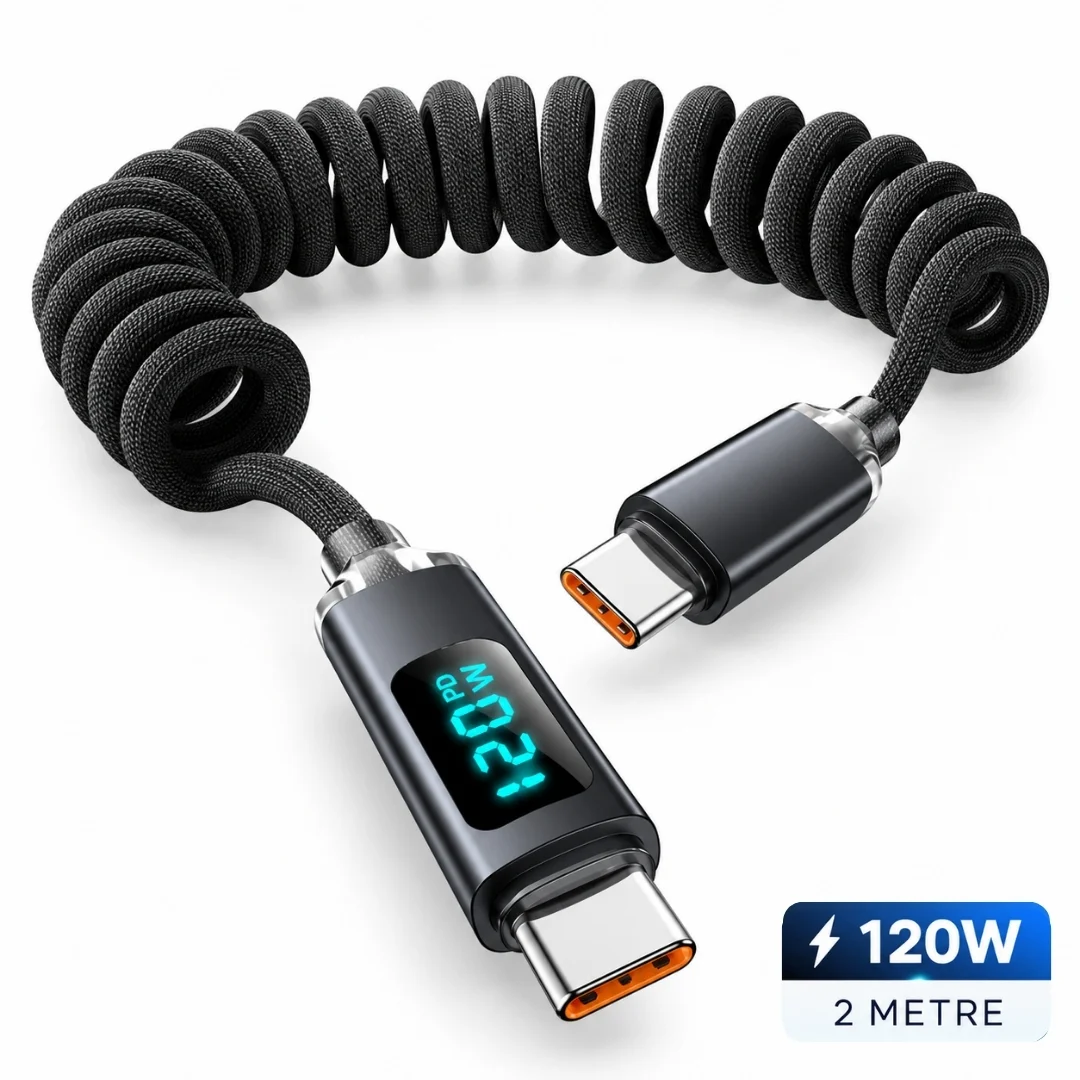 Samsung Uyumlu Type C Hızlı Telefon Şarj Veri Kablosu 120w Yaylı Spiral Dijital Ekranlı 2 Metre