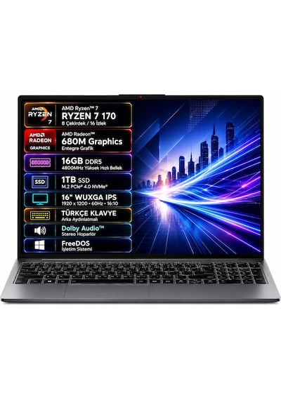 Lenovo Ideapad Slim 3 16arp10 83k800dktr-03 Amd Ryzen 7-170 16gb 1tb Ssd 16" Ips Freedos Taşınabilir Bilgisayar