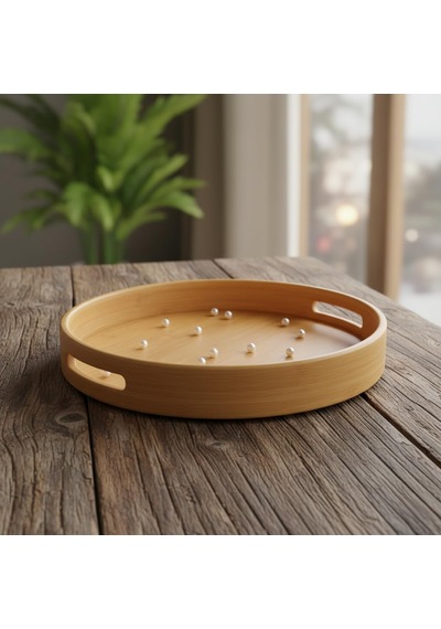 Deconox Taşıma Kulplu Yuvarlak Bambu Tepsi 30 Cm Doğal Servis Tepsisi Kahve, Kahvaltı Ve Sku: Smg8690010579492