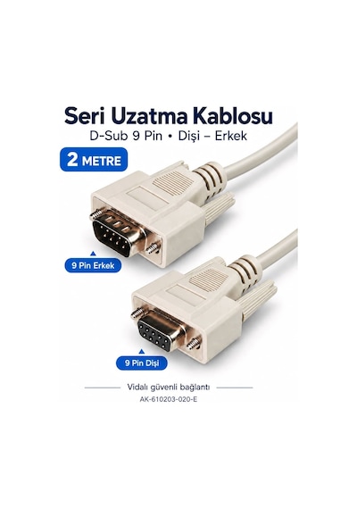 Digitus 2 Metre 9 Pin Dişi Erkek D-sub Rs232 Seri Veri Uzatma Kablosu Ak-610203-020-e