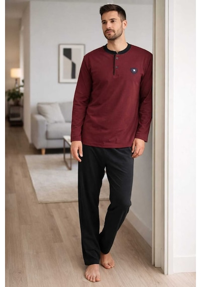 Tenra Erkek Pijama Takımı %100 Pamuk Uzun Kol Bordo