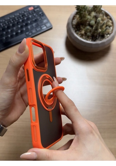 Apple Uyumlu iPhone 16 Pro Standlı Ve Yüzüklü Magsafe Kılıf Soocase721 Turuncu