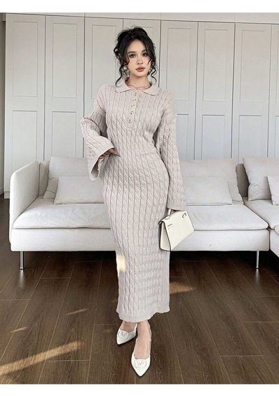 Sayzen Your Shine Gömlek Yaka Düğmeli Saç Örgülü Triko Elbise Sy-2515 Ekru