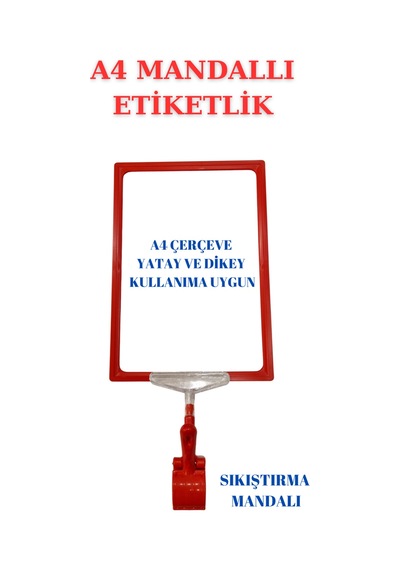 4adet Sarıkırmızı A4 Mandallı Sepet Etiketi Çerçeveli Etiketlik Sarı Kırmızı