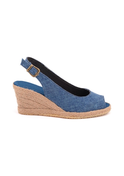 Gerçek Elişi Burnu Açık Arkası Bantlı Dolgu Topuk Mavi Keten Hasır Espadril Handmade Saks Mavi