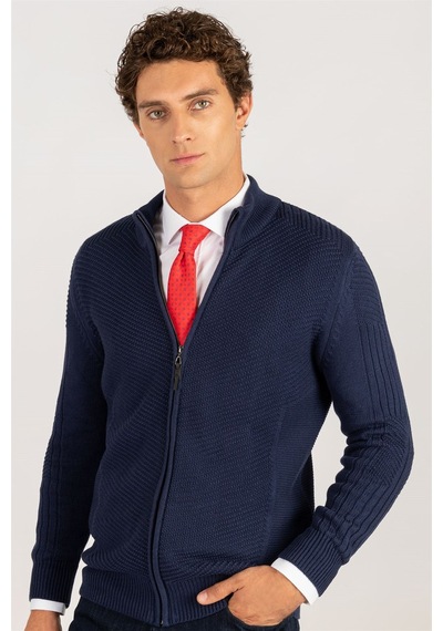Tudors Slim Fit Dar Kesim Kendinden Desenli Erkek Hırka-23219 Lacivert