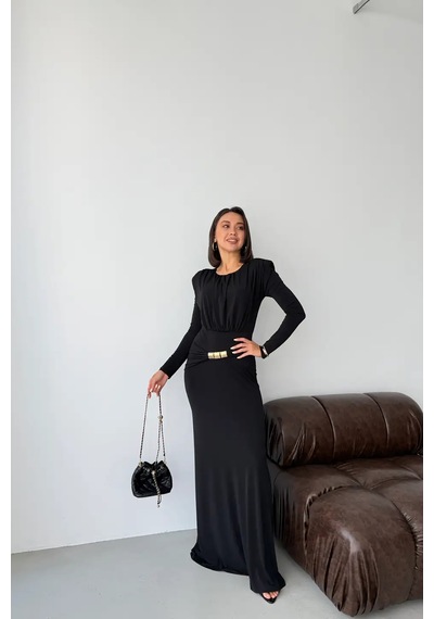Feminist Siyah Vatkalı Omuz Büzgülü Tokalı Elbise 475262732