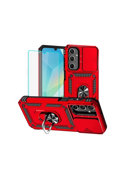 Samsung Galaxy A16 Uyumlu Kamera Sürgülü Tank Kılıf Ve Temperli Cam Ekran Koruyucu Set Kırmızı