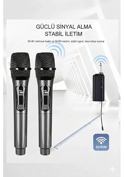 Profesyonel Çiftli Kablosuz Mikrofon Seti Karaoke Şarj Edilebilir 50 Metre