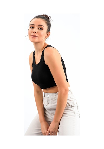 Tommy Life Siyah Basic Sıfır Kol Dar Kalıp U Yaka Kadın Crop Top Atlet - 97162 Siyah