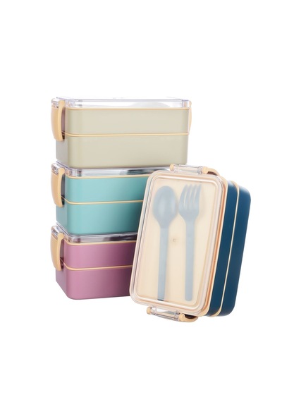 Fely Çatal Kaşıklı Çift Katlı Beslenme Kabı Lunch Box Toplam 900 Ml 400 Ml Ve 500 Ml Lacivert