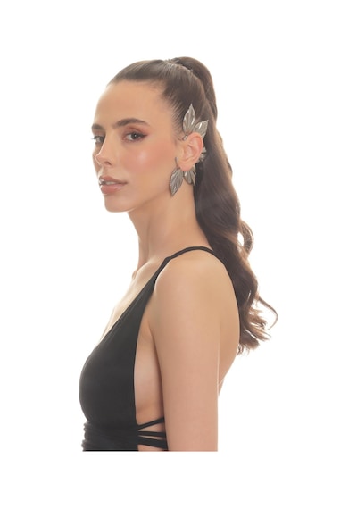 Kadın Gümüş Renk Lak Kaplama Zirkon Taşlı Yaprak Stilizesi Sol Kulak Earcuff&kıkırdak Küpe Çok Renkli