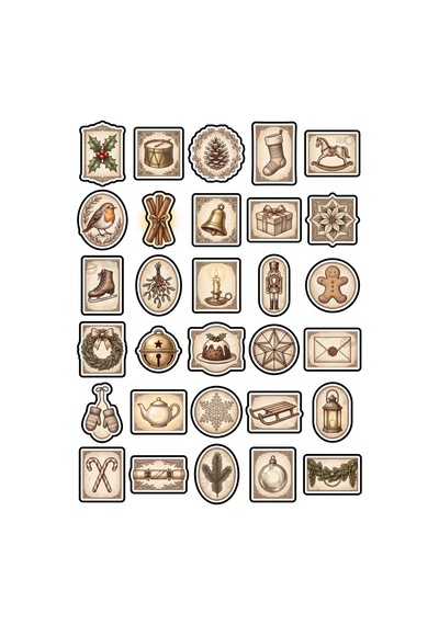 30 Adet Nostaljik Yılbaşı Pulu Sticker Seti - Laptop Defter Planner İçin Vintage Tasarım Çok Renkli