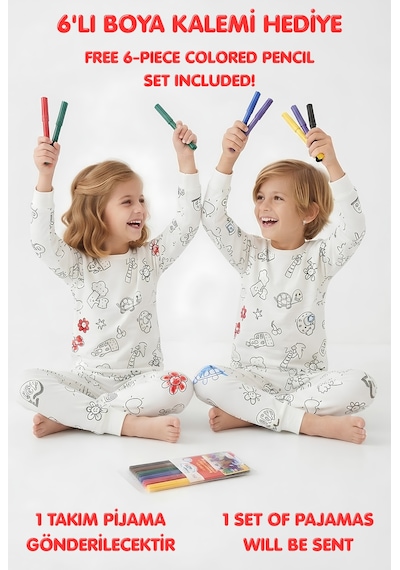 Bunny Hopp Çocuk Boyanabilir Uzun Kollu Pijama Takımı %100 Pamuk Yıkanabilir Ve Tekrar Boyanabilir Penye 6'lı Kalem Hediye Beyaz