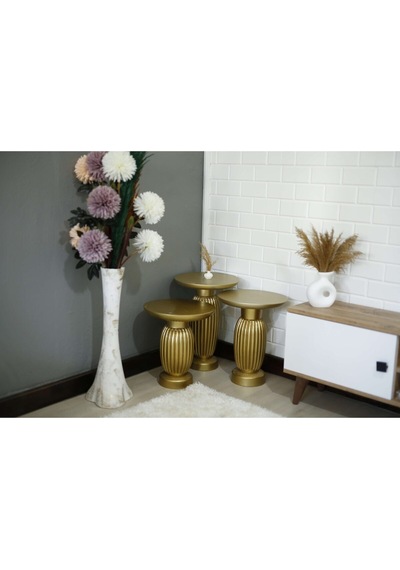 Wood Ahşap 3 Lü Set Mantar Yan Sehpa Konik Model / Altın Varak Renk / Zigon Sehpa Kahverengi